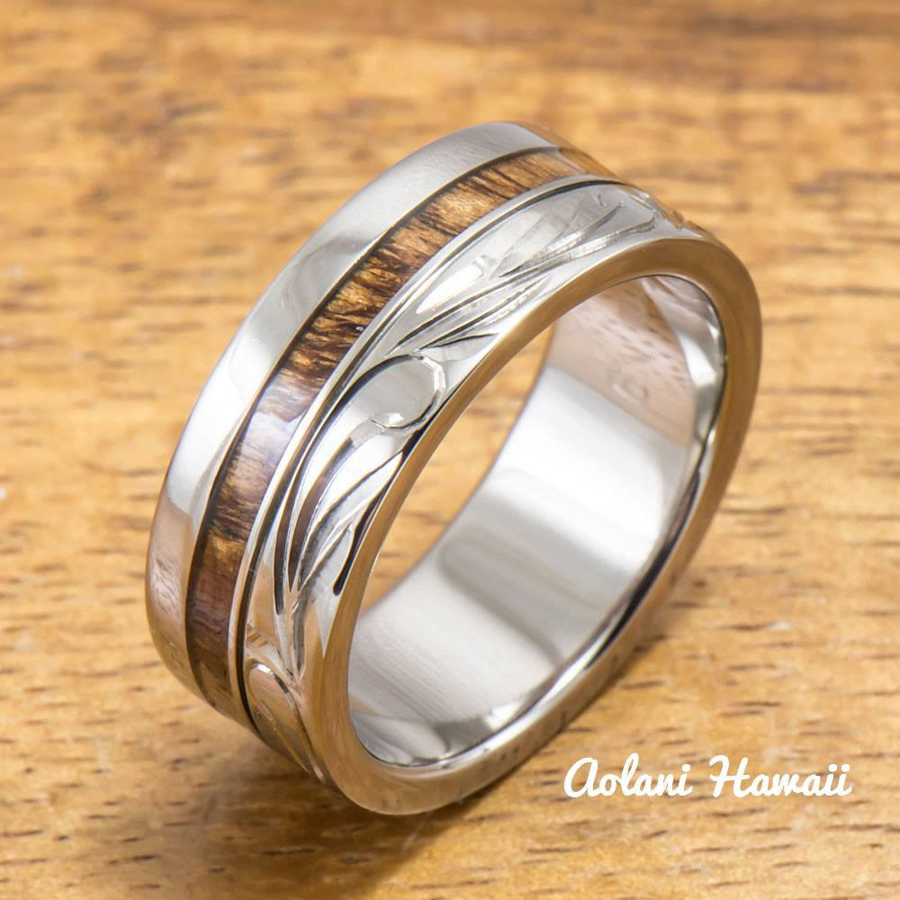 Titanium Wedding Ring Set with Hawaiian Koa Wood Inlay (6mm - 8mm Width,  Flat Style)