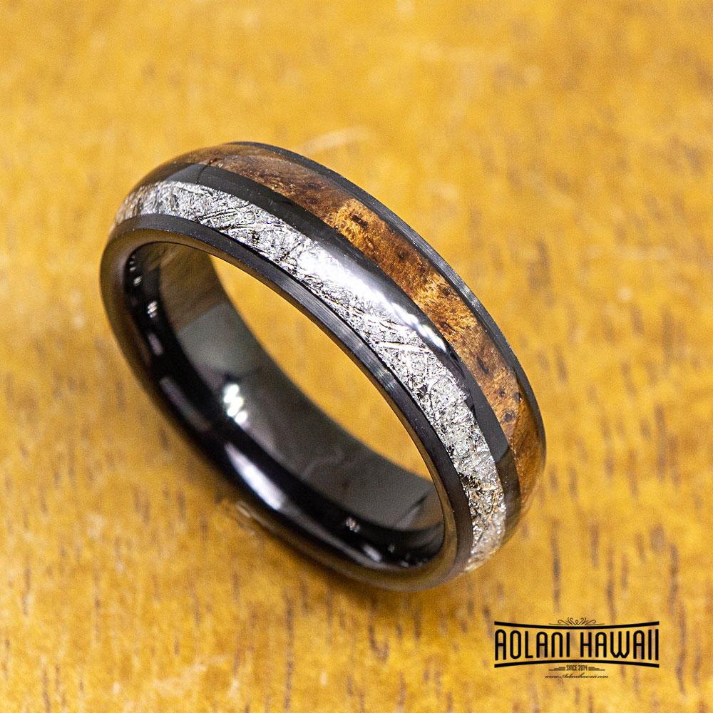 Wood & Meteorite Ring Tungsten Wedding Band Mens Ring Koa Wood Ring wi–  Pillar Styles