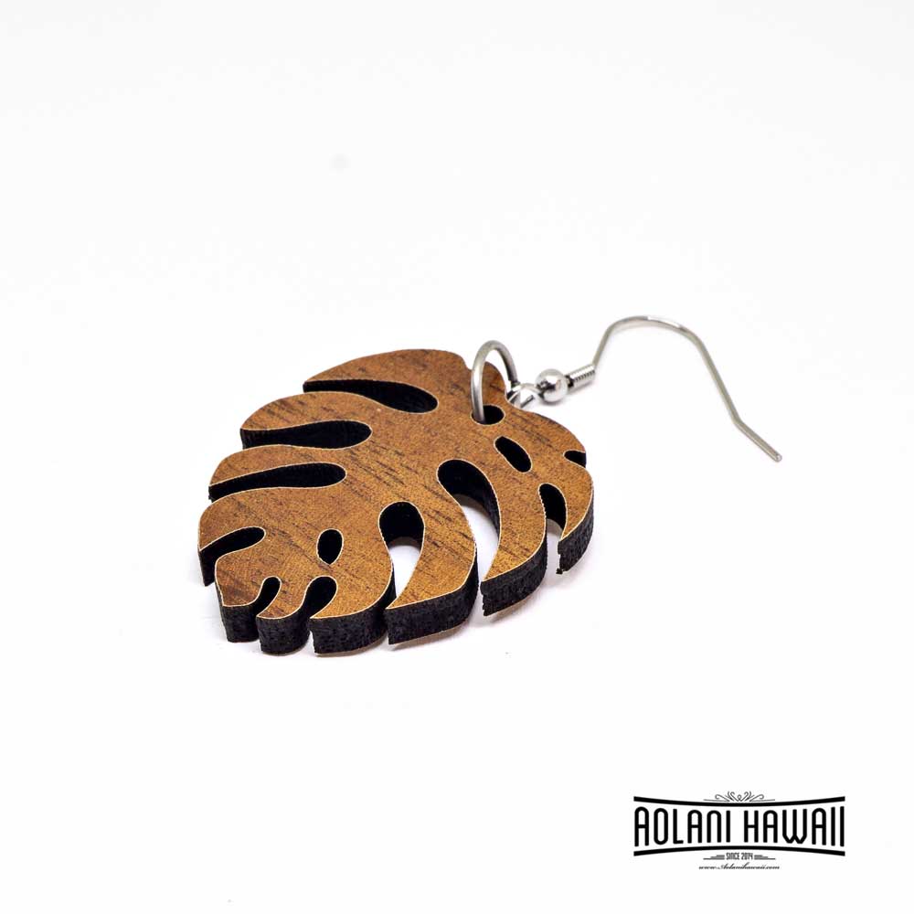 Handmade Koa Wood Monstera Leaf Earring Pierce – Aolani Hawaii