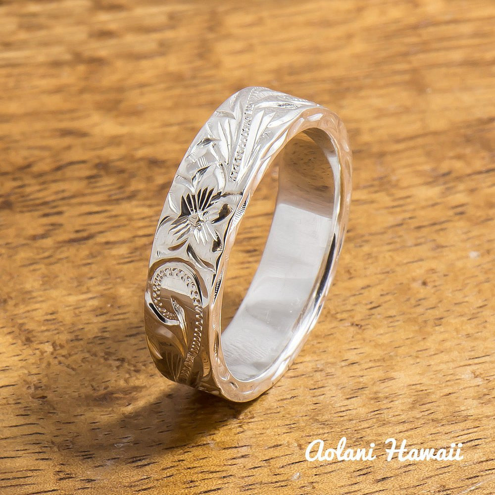 Silver Wedding Ring Set of Traditional Hawaiian Hand Engraved Sterling  Silver Flat Rings (4mm & 6mm width)