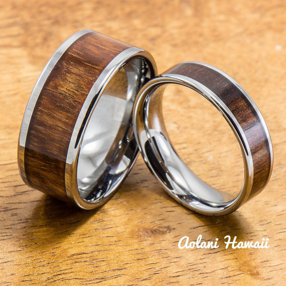 Wedding Band Set of Tungsten Rings with Hawaiian Koa Wood Inlay (6mm & 10mm  width, Flat Style)