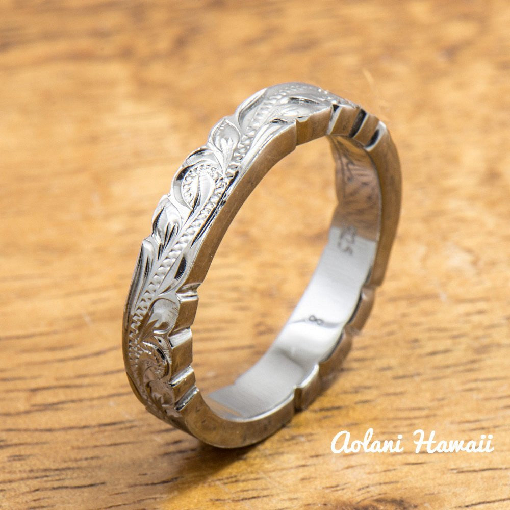 Pair Of Sterling Silver Rhodium Coated Hand Engraved Hawaiian Rings