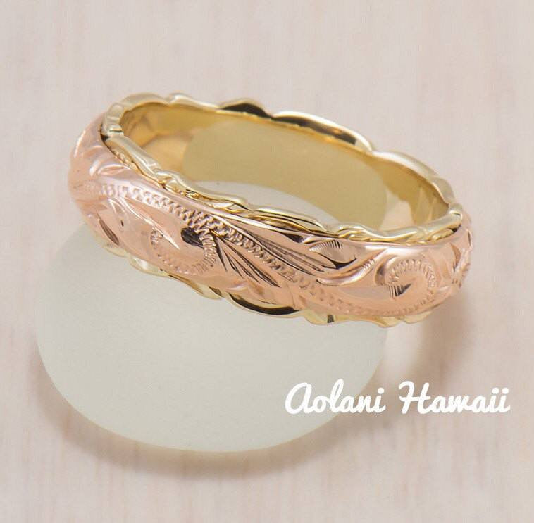 14K Gold Hawaiian Traditional Two Tone Ring ( 6mm x 8mm Width)