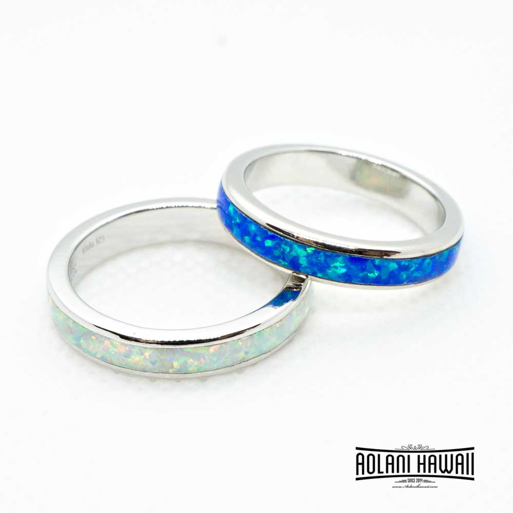 Sterling Silver Ring with Blue White Opal Inlay (4mm Flat Shape)