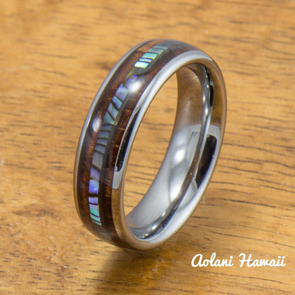 Tungsten Wedding Band Set with Mother of Pearl Abalone and Koa Wood Inlay  (6mm - 8mm Width)