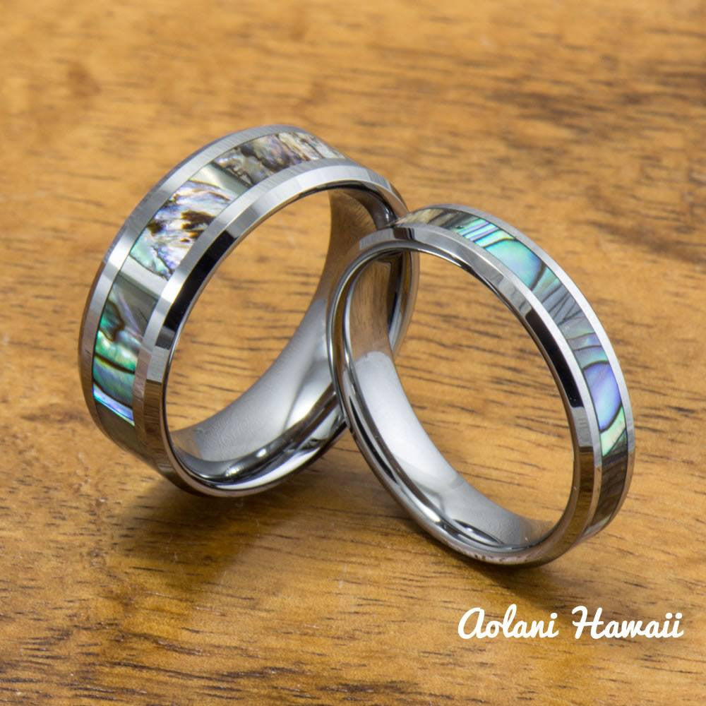 Stainless Wedding Ring Set Steel Rings with Abalone Inlay (6mm & 8mm w –  Aolani Hawaii