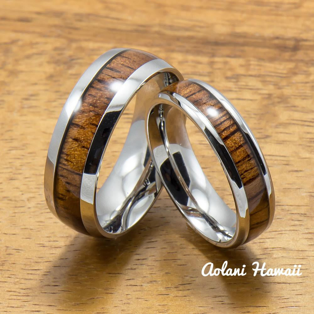 LongLiter Fashion 8mm Men's Black Ring Hawaiian Koa Wood Inlay