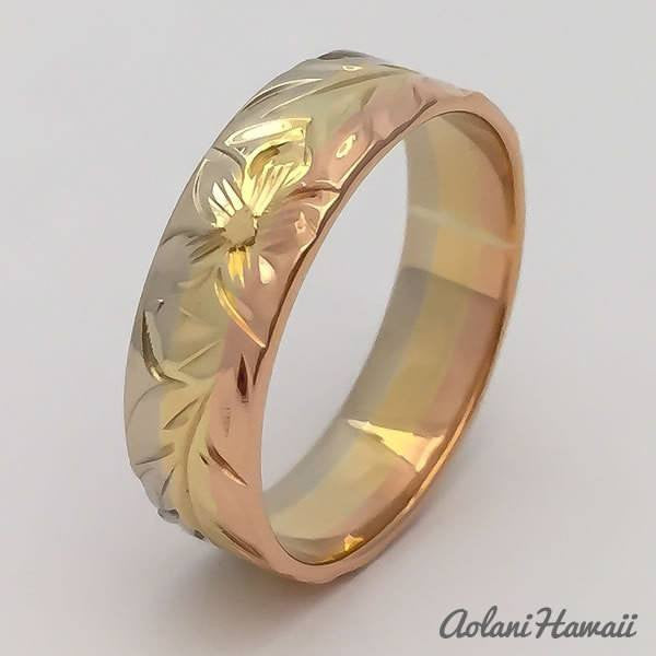 Gold wedding Ring Set of Traditional Hawaiian Hand Engraved 14k