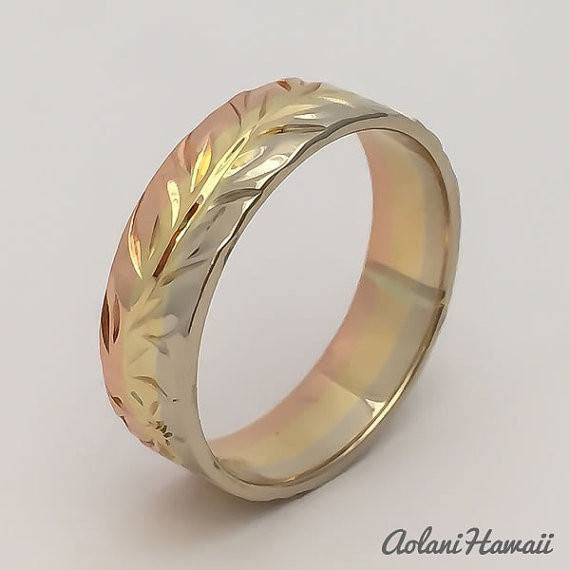 Gold wedding Ring Set of Traditional Hawaiian Hand Engraved 14k