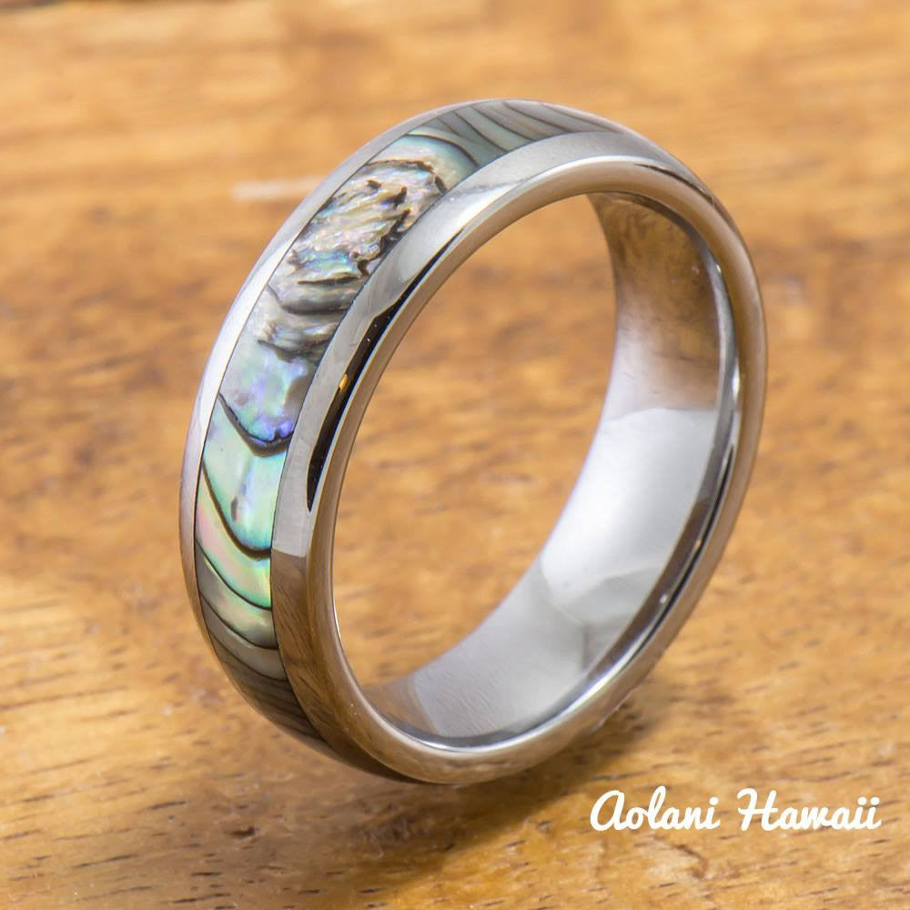 Stainless Wedding Ring Set Steel Rings with Abalone Inlay (6mm & 8mm w –  Aolani Hawaii