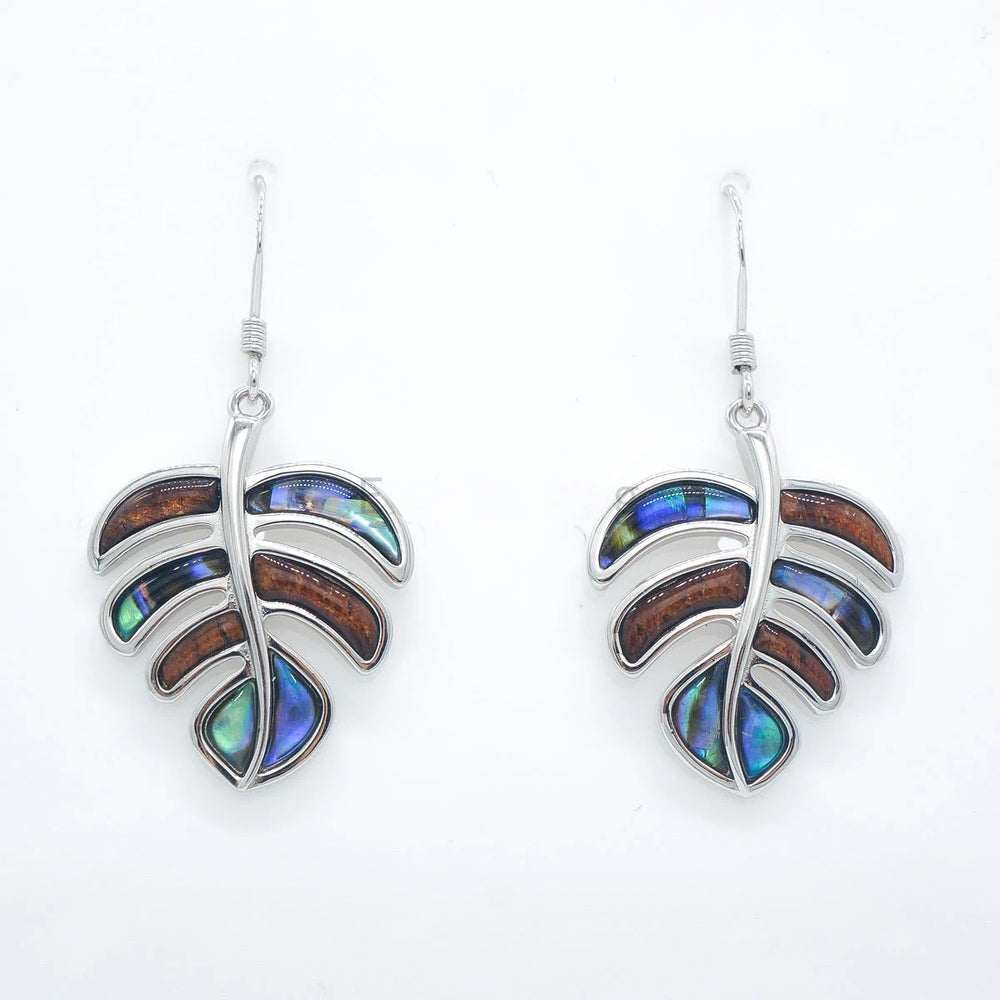 925 Sterling Koa Wood Abalone Hook Earring - Monstera Leaf