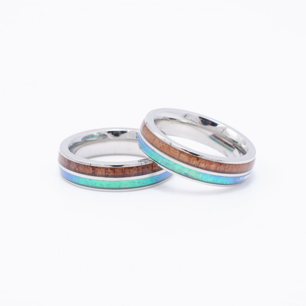 New - Hawaiian Stainless Ring - Opal & Koa Wood (6mm - 8mm width, Round Style)