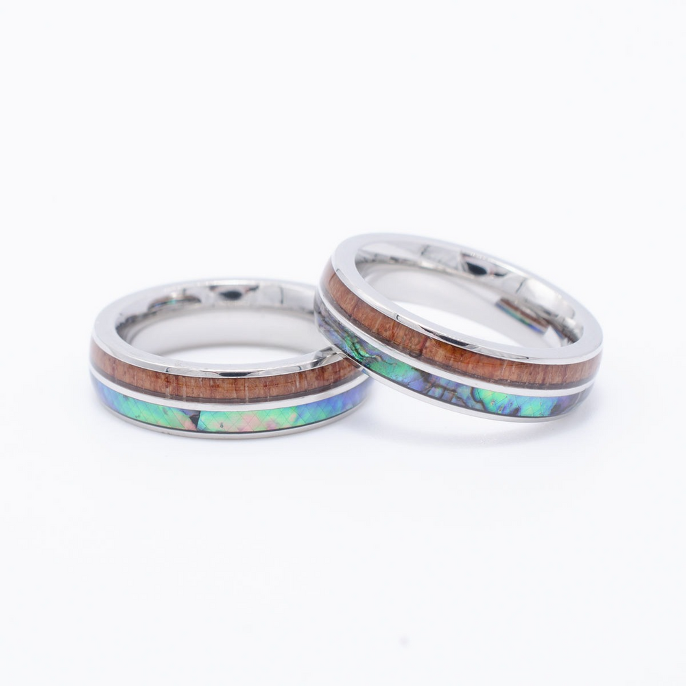 New - Hawaiian Stainless Ring - Abalone & Koa Wood (6mm - 8mm width, Round Style)