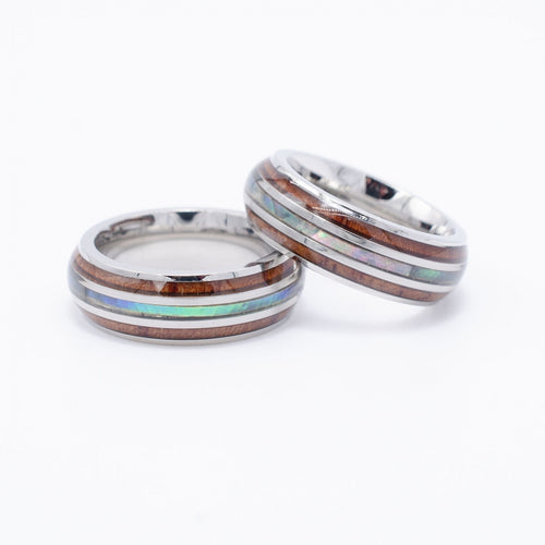 New Stainless Ring - Abalone & Hawaiian Koa Wood (6mm - 8mm width, Round Style)