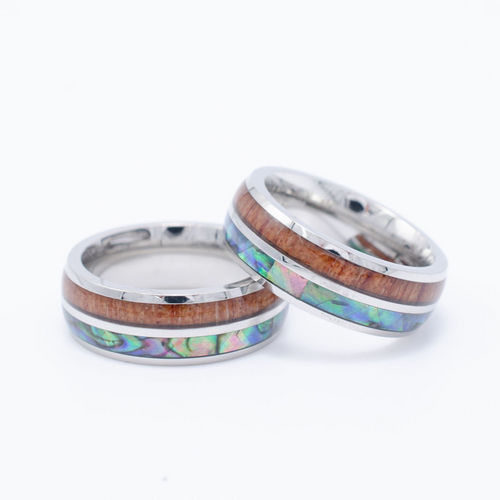 New - Hawaiian Stainless Ring - Abalone & Koa Wood (6mm - 8mm width, Round Style)