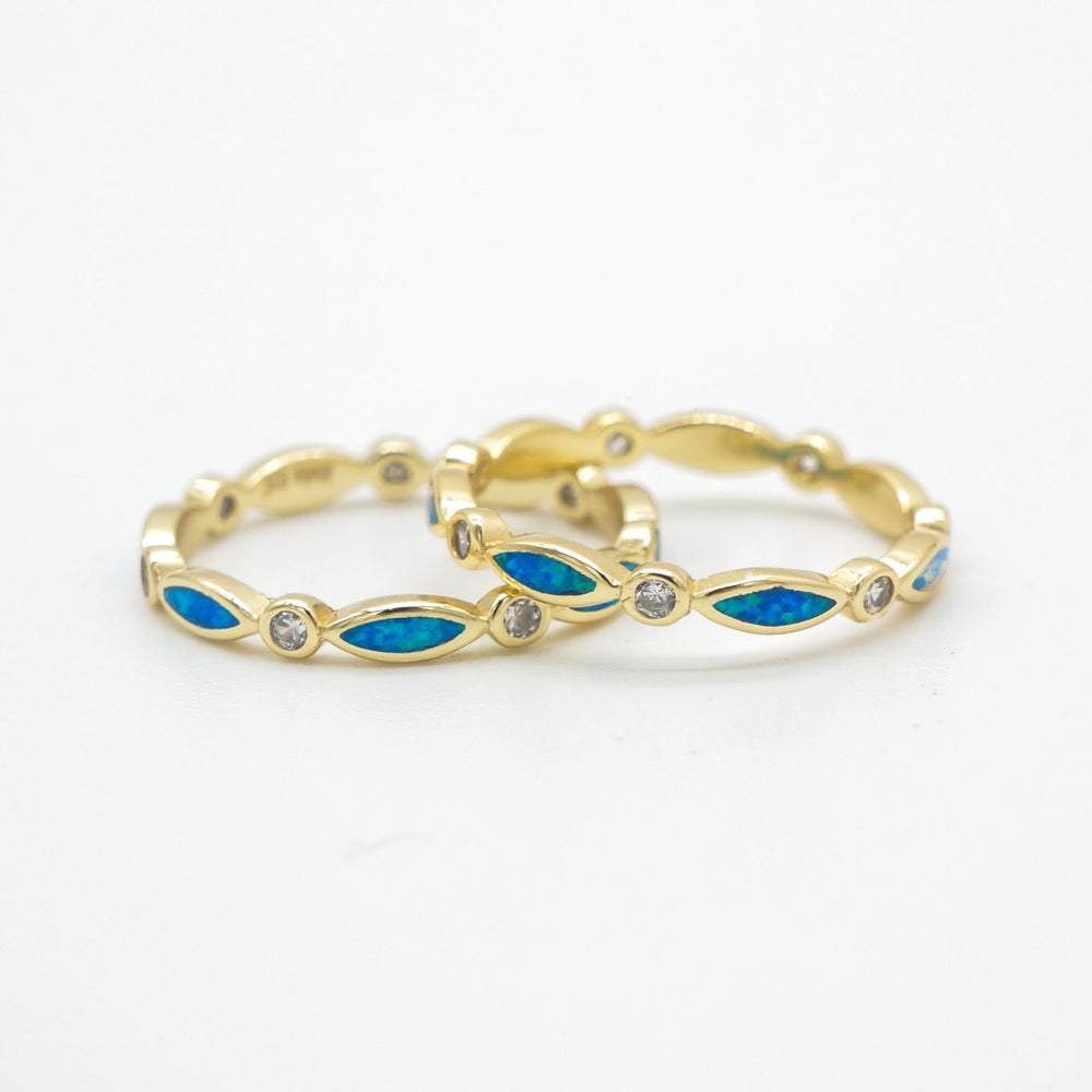 Eternity Ring - Gold Color Plated Sterling Silver Ring with Blue Opal and CZ Stone