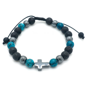 NEW - Lava Rocks Beads Bracelet With Jasper Cross