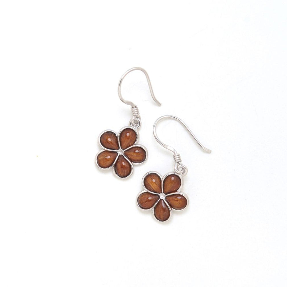 Hawaiian Koa Wood Plumeria Flower  Dangling Earring Pierce