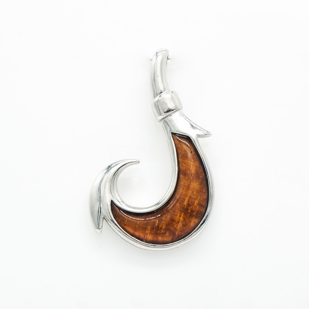 Hawaiian Koa Wood Pendant - Wave Fish Hook