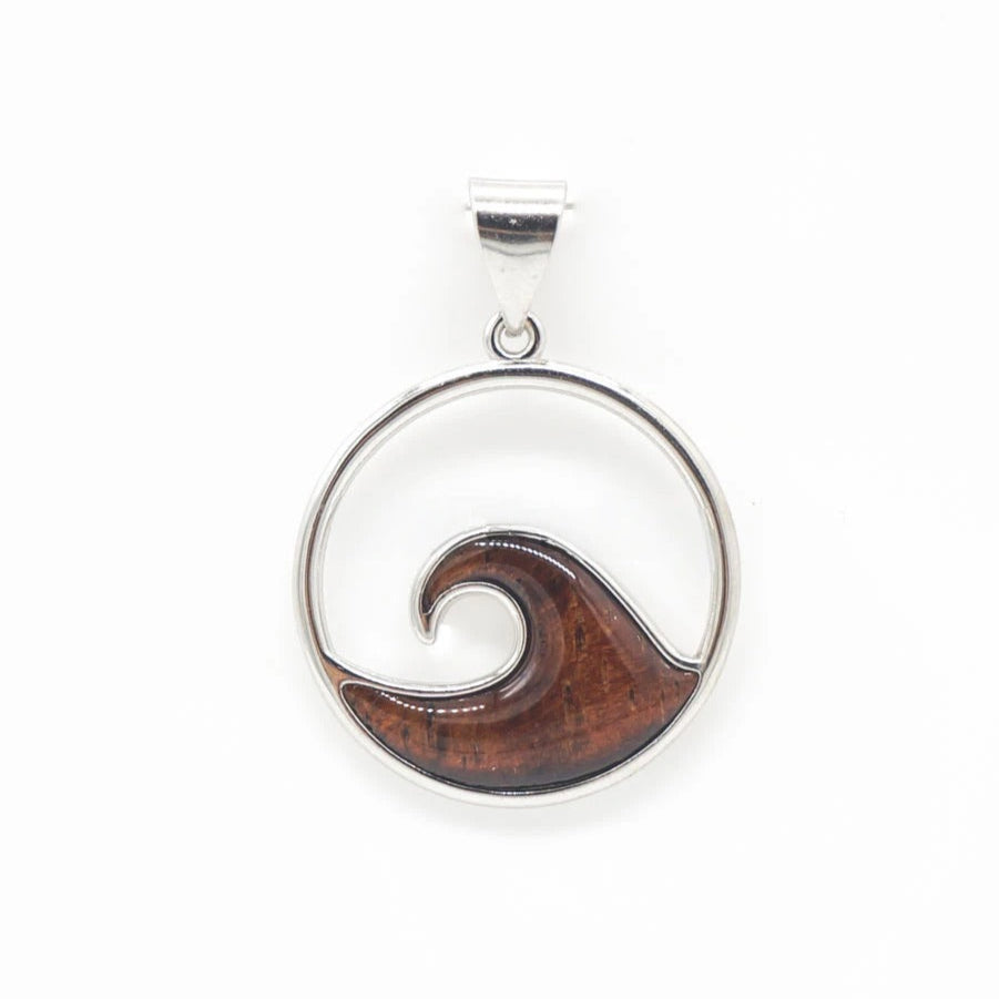 Hawaiian Wave Sterling Koa Wood Pendant Necklace