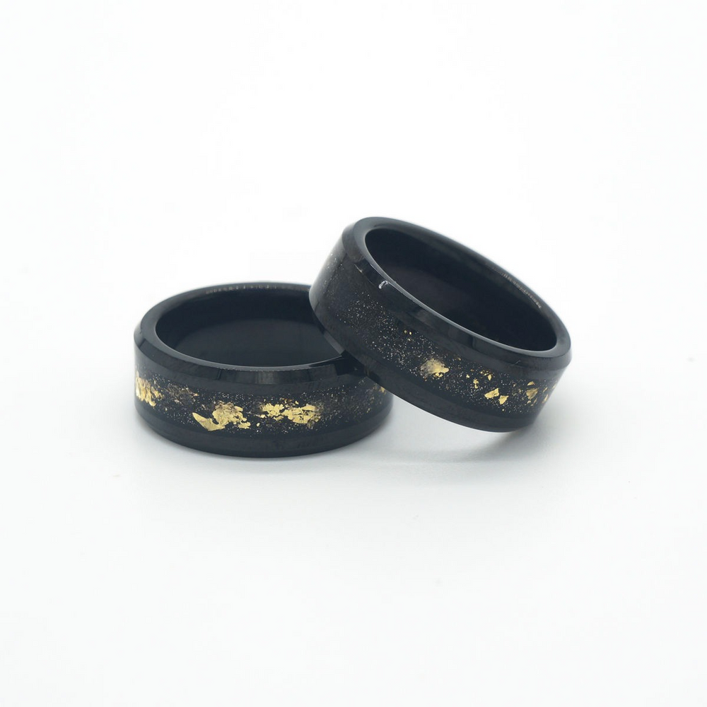 New - Gold Flakes Black Tungsten Ring 8mm Width