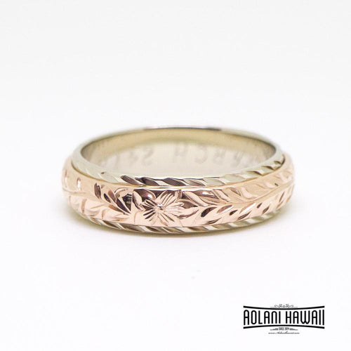 Traditional Hawaiian Hand Engraved 14k Two Tone Gold Ring 6mm x 4mm (Barrel style)