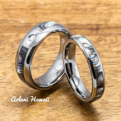 CZ Cubic Zirconia Stone Tungsten Wedding Band Set with Mother of Pearl Abalone Inlay (4mm - 6mm Width) - Aolani Hawaii - 1