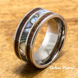 Titanium and Stainless Hawaiian Koa Titanium Wedding Band Set (10mm - 8mm Width, Flat Style) - Aolani Hawaii - 2