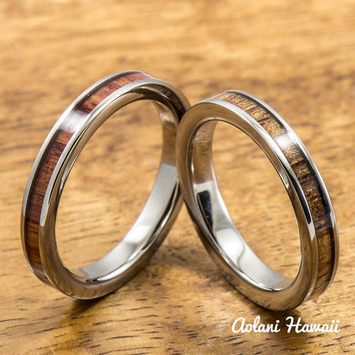 Tulip and Hawaiian Koa Titanium Wedding Band Set (3mm - 3mm Width, Flat Style) - Aolani Hawaii - 1