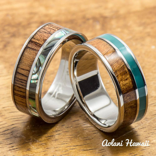 Abalone and Turquoise Hawaiian Koa Titanium Wedding Band Set (8mm - 8mm Width, Flat Style) - Aolani Hawaii - 1