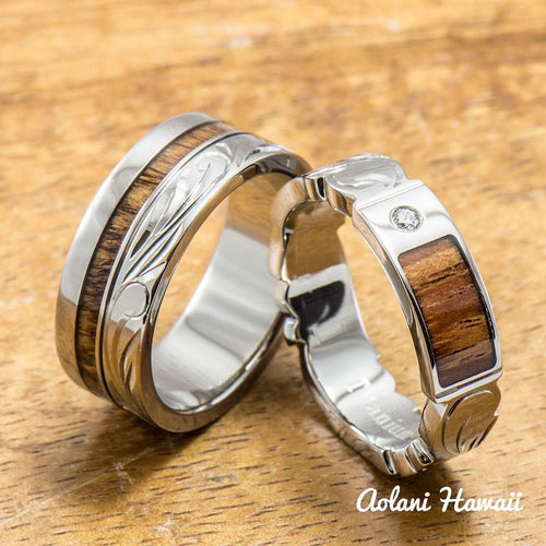 Diamond Titanium Wedding Ring Set with Hawaiian Koa Wood Inlay (6mm - 8mm Width, Flat Style) - Aolani Hawaii - 1