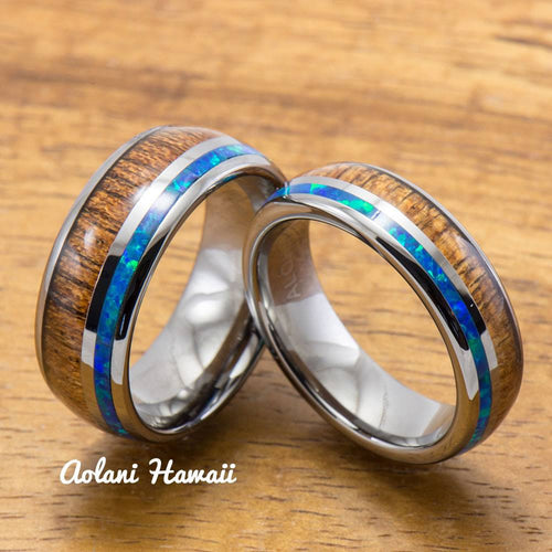 Tungsten Wedding Band Set with Opal and Koa Wood Inlay (6mm - 8mm Width) - Aolani Hawaii - 1