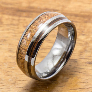 Hawaiian Koa Wood Inlay Tungsten Ring (6mm - 8mm Width, Barrel style)