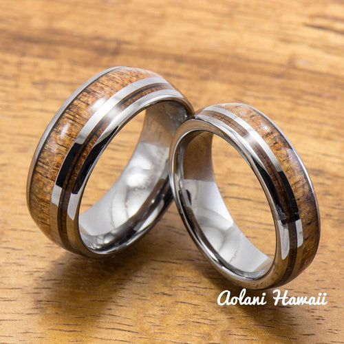 Koa WoodTungsten Wedding Band Set (6mm - 8mm Width) - Aolani Hawaii - 1