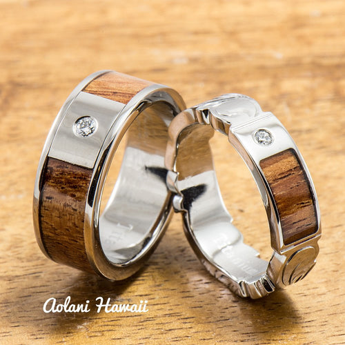 Diamond Titanium Wedding Ring Set with Hawaiian Koa Wood Inlay (6mm - 8mm Width, Flat Style) - Aolani Hawaii - 1