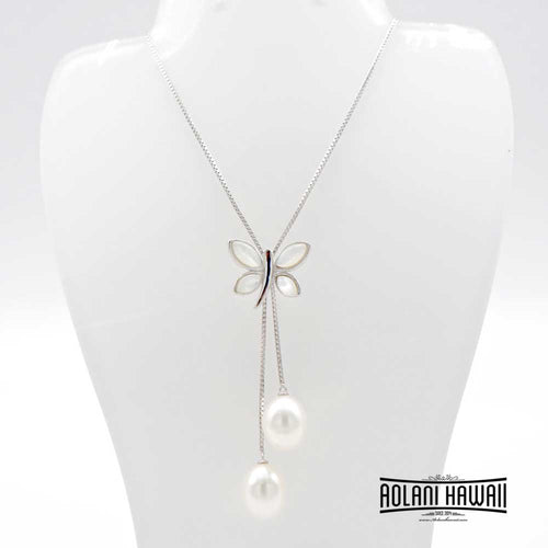 Butterfly Pearl Necklace Pendant with Sterling Silver Chain