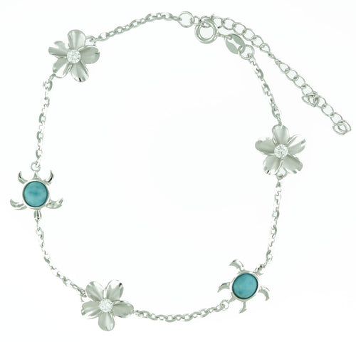 Honu Turtle Larimar Sterling Silver Hibiscus CZ Stone Bracelet