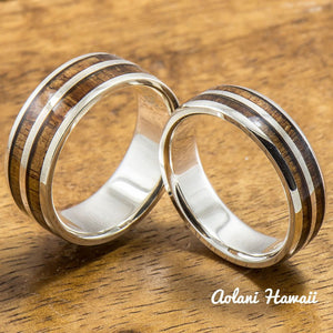 Sterling Silver Wedding Band Set with Koa Wood Inlay (6mm - 8mm Width Barrel Style) - Aolani Hawaii - 1