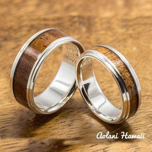 Sterling Silver Wedding Band Set with Koa Wood Inlay (6mm - 8mm Width Barrel Style) - Aolani Hawaii - 1