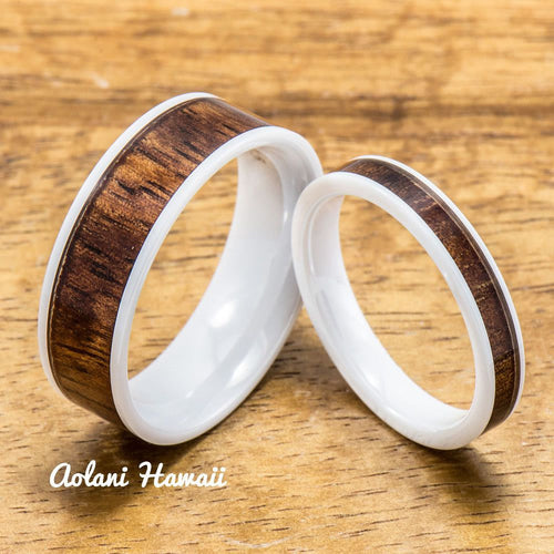 Wedding Band Set of Ceramic Rings with Hawaiian Koa Wood Inlay (4mm & 8mm width, Flat Style ) - Aolani Hawaii - 1