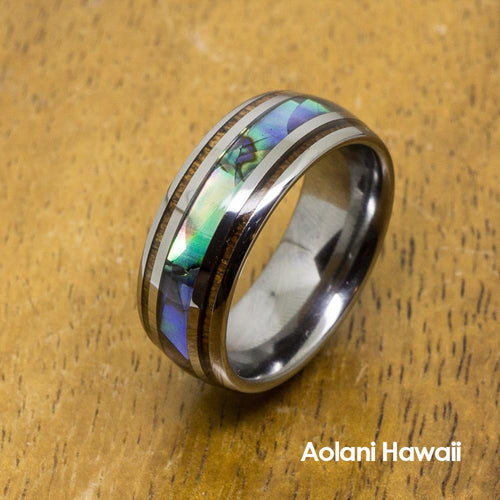 Abalone Tungsten Ring With Koa Wood Inlay (8mm Width, Barrel style)