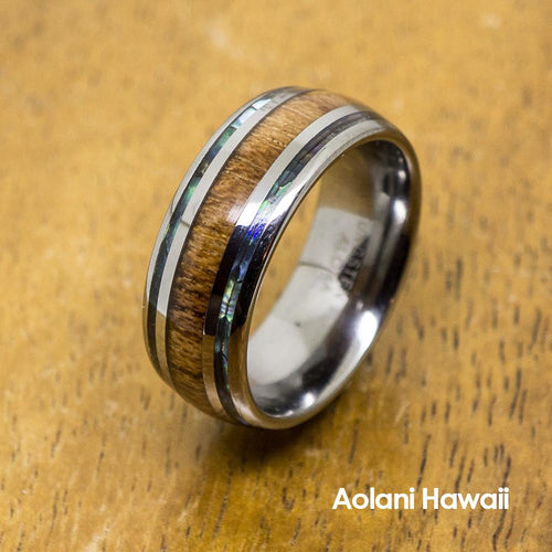 Tungsten Abalone Ring With Koa Wood Inlay (8mm Width, Barrel style)