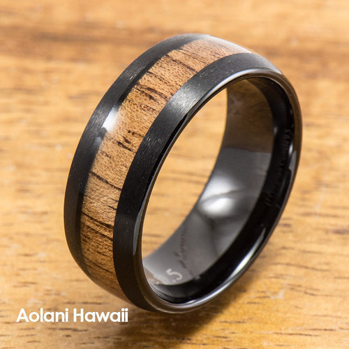 HI Tech Black Tungsten Ring with Hawaiian Wood Inlay (6mm - 8mm width, Barrel style) - Aolani Hawaii - 1