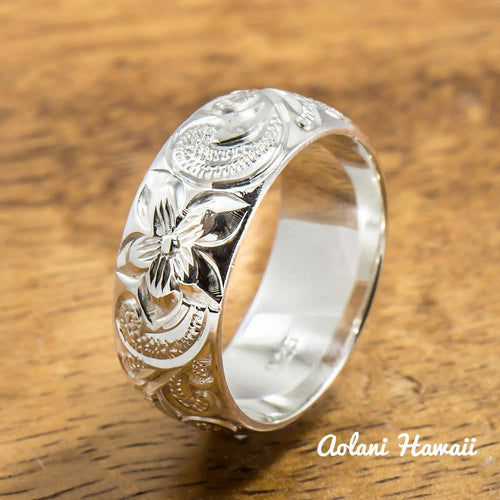 Hawaiian Ring - Hand Engraved Sterling Silver Barrel Ring (4mm - 10mm width, Barrel style) - Aolani Hawaii - 5