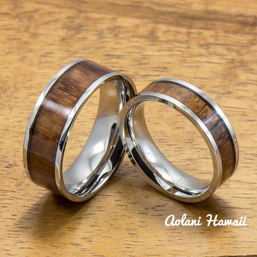 A Pair of Stainless Steel Rings with Hawaiian Koa Wood (6mm & 8mm width) - Aolani Hawaii - 1