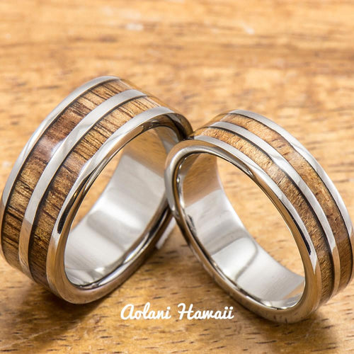 Titanium Wedding Band Set with Hawaiian Koa Wood Inlay (6mm - 8mm Width, Flat Style) - Aolani Hawaii - 1