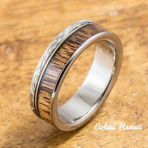 Titanium Ring with Koa Wood Inlay (6mm width, Flat Style) - Aolani Hawaii - 1