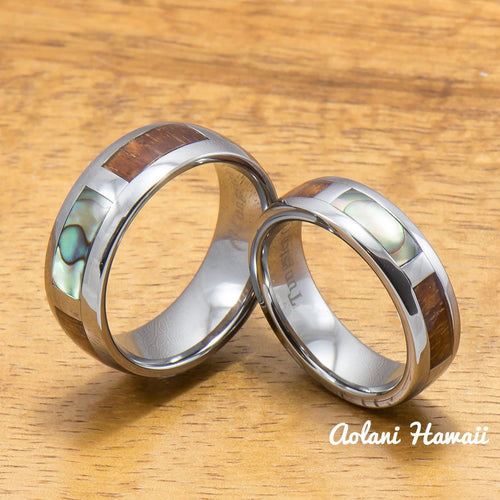 Tungsten Abalone Wedding Band Set with Mother of Pearl Abalone and Koa Wood Inlay (6mm - 8mm Width) - Aolani Hawaii - 1