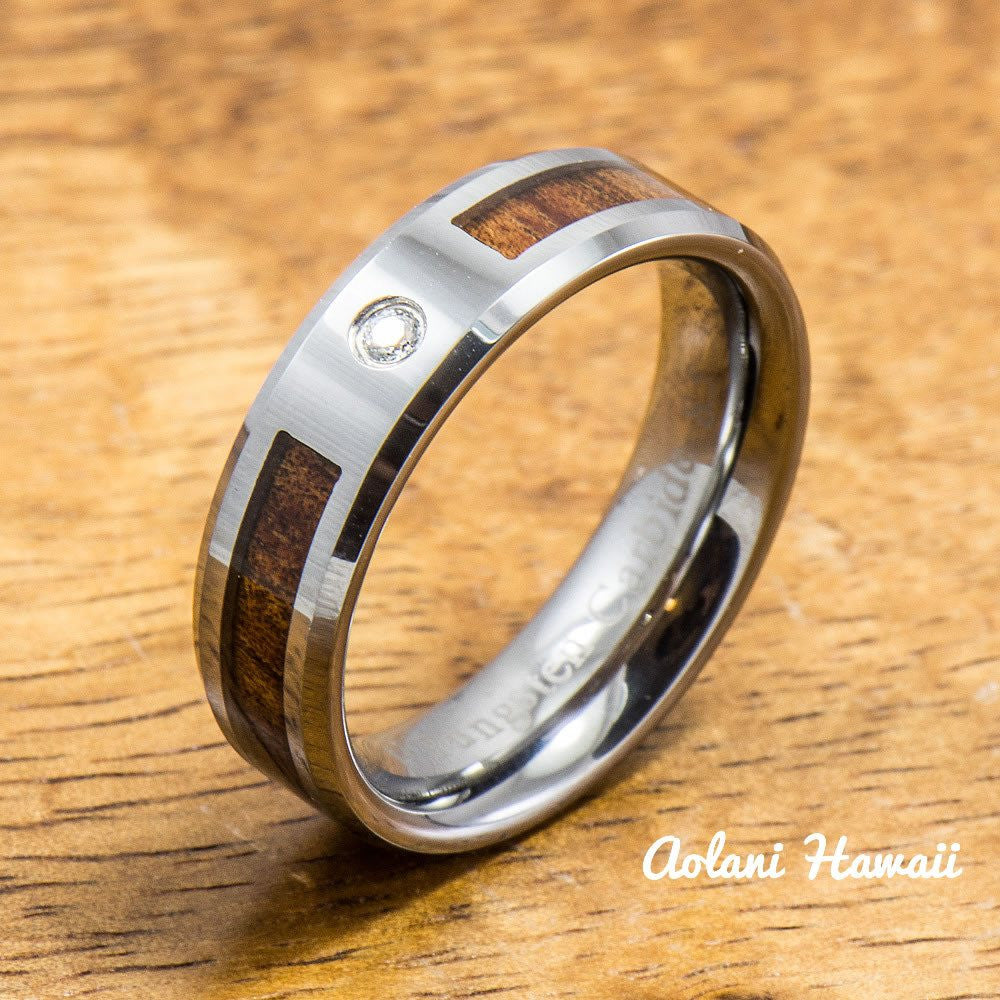 Wedding Band - Hawaiian Koa Wood Tungsten Ring (6mm - 8mm Width Cz Sto 