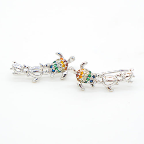 Hawaiian Turtle Silver Ear Pin with CZ Stones